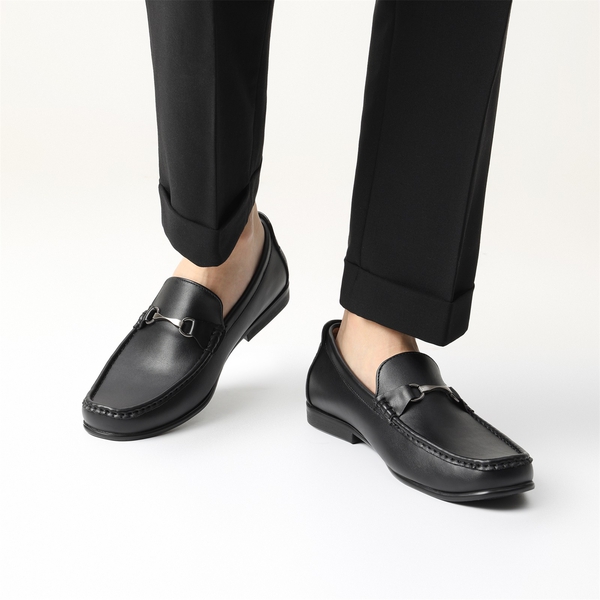 Men's PU Leather Metallic Horsebit Loafers - BLACK - 1